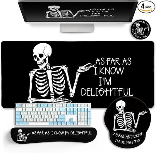 LIMKRIAN Ergonomic Mouse Pad with Wrist Rest Desk Mat Set, Skeleton Gaming Mouse Pads, Keyboard Mat Wrist Rest Cup Coaster, Funny Office Desk Accessories
