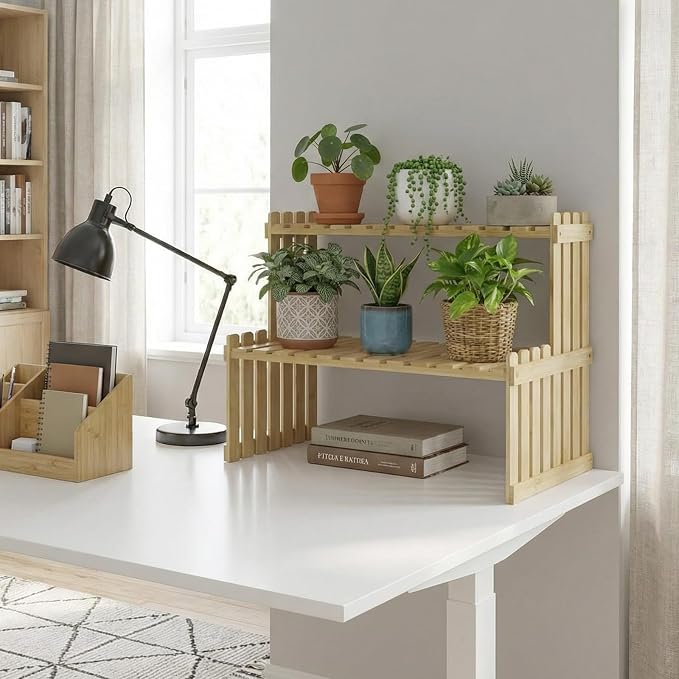 MyGift Bamboo Desktop Plant Stand, 2 Tier Slatted Shelf Organizer Rack | Natural bamboo stand adds two tiers for displaying plants, décor and essentials while keeping desks and countertops organized