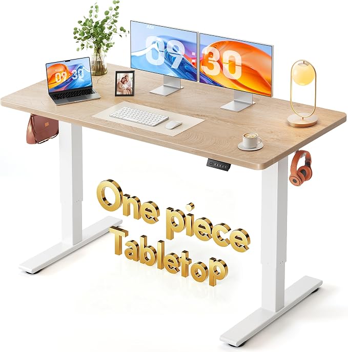 FEZIBO One-Piece Standing Desk, 55"x28" Seamless Tabletop Electric Height Adjustable for Home Office, Study Rooms & Multi-Device Workstations, Maple