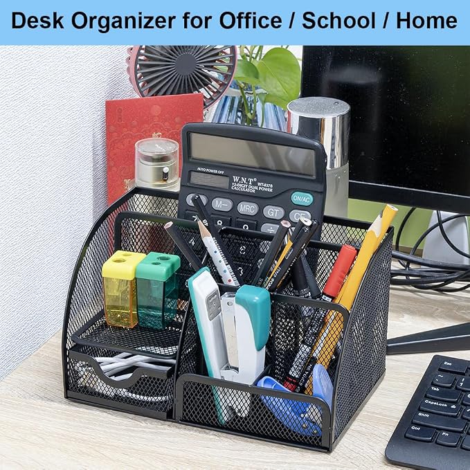 Desk Organizer Stationery Storage, Pencil Holder for Desk, Wire Mesh Office Supplies Journals Notebooks Organizers with 7 Compartments and Mini Drawer (Black)