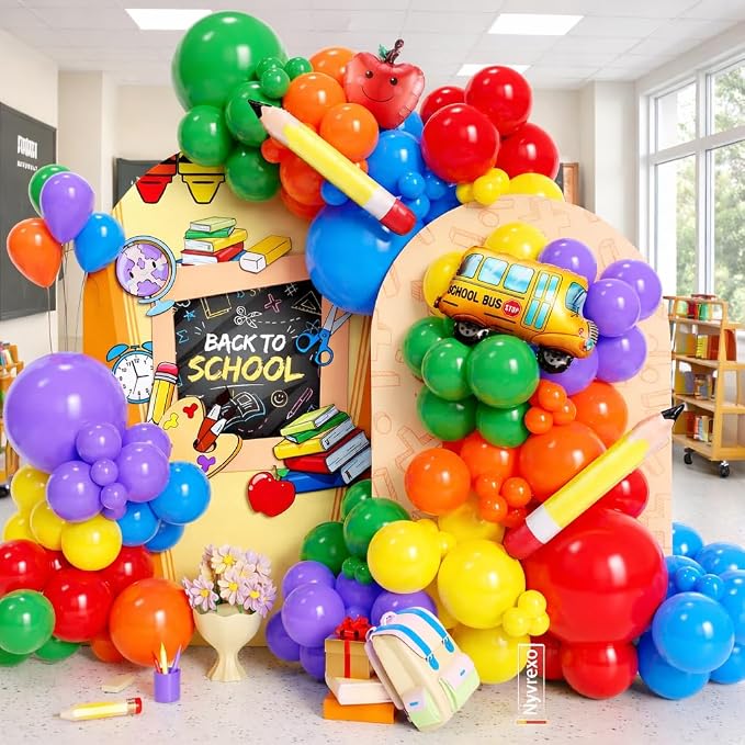152Pcs Back to School Balloon Arch Garland Kit, Rainbow Latex Balloons and School Bus Apple Pencil Foil Balloon for Classroom Kindergarten Party Decorations, Back to School Event Supplies