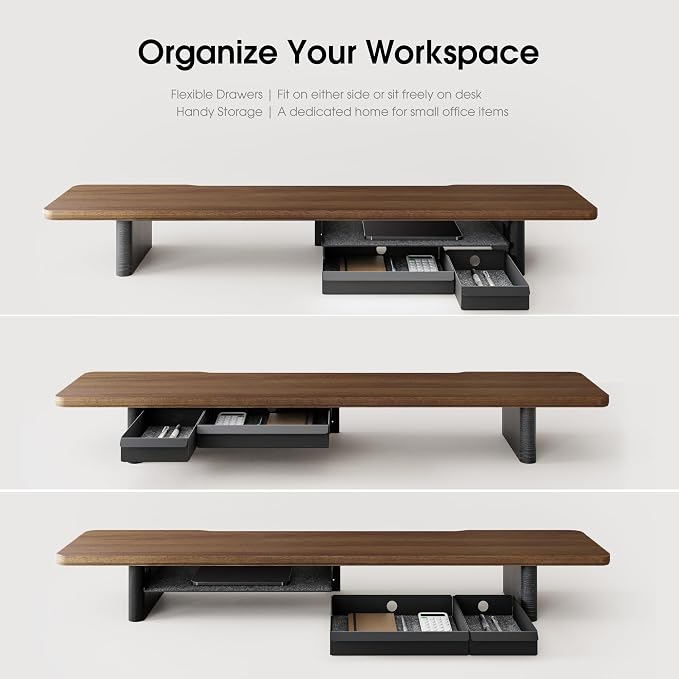 Fenge 42.5" Dual Monitor Stand with Storage Drawer & Solid Wood Legs, Brown | Modern Minimalist Design, Repositionable Metal Drawers, Wooden Desk Shelf for Home Office Workspaces