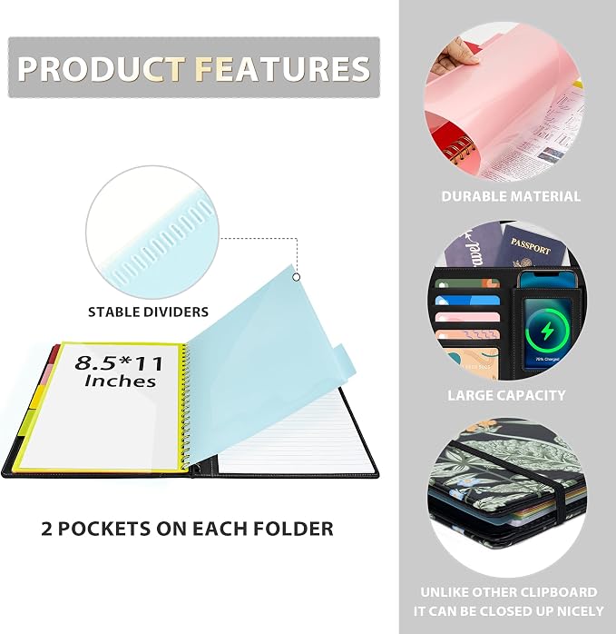 Ospelelf Clipboard with Storage for Women, Leather Padfolio Portfolio Organizer 5 Folders with 10 Pockets, Spiral Clipboard Folio with Notepad for Letter Size, Elastic Closure and Pen Loop Floral