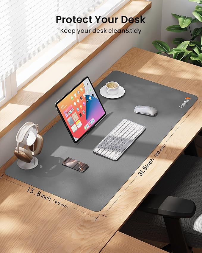 ProtoArc MP10 Leather Desk Mat, Large Mouse Pad- 31.5×15.8 inch, Non-Slip PU Leather Desk Pad Protector, Premium Desktop Mat for Computer, Keyboard and Mouse, Gray