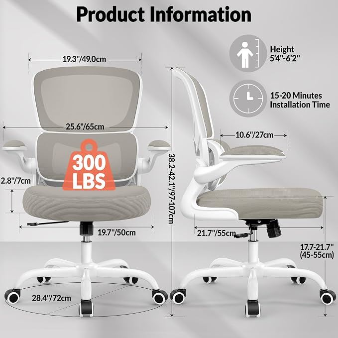 BESTFAIR Ergonomic Mesh Office Chair, Breathable Mesh Computer Desk Chair, Adjustable Lumbar Support, Flip-up Armrests, Executive Swivel Chair for Home Office, LightGray Pack of 10