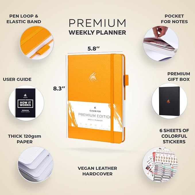 Clever Fox Planner Premium Edition – Undated Luxurious Weekly & Monthly Planner to Increase Productivity and Hit Your Goals – Organizer – Start Anytime, A5, Lasts 1 Year, Amber Yellow (Weekly)