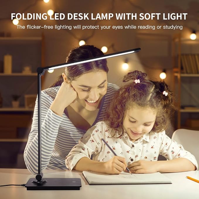 LUJOLUMIN Foldable LED Desk Lamp, 700LM Eye-Caring Light with USB Cable | Metal Dimmable Table Lamp, 3 Brightness Levels, Touch Control, for Home Office Kids