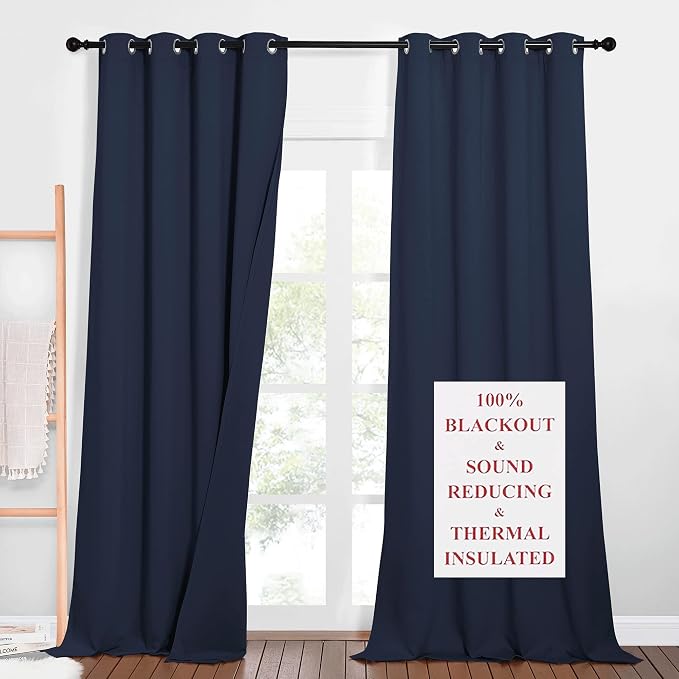 NICETOWN Sound Reduction Long Curtains for Sliding Glass Door, 3 Layers Thermal Insulated Full Blackout Drapes for Kids/Boys/Nursery/Home Recording Studio (Navy, 52" Wide x 90" Long, Set of 2)