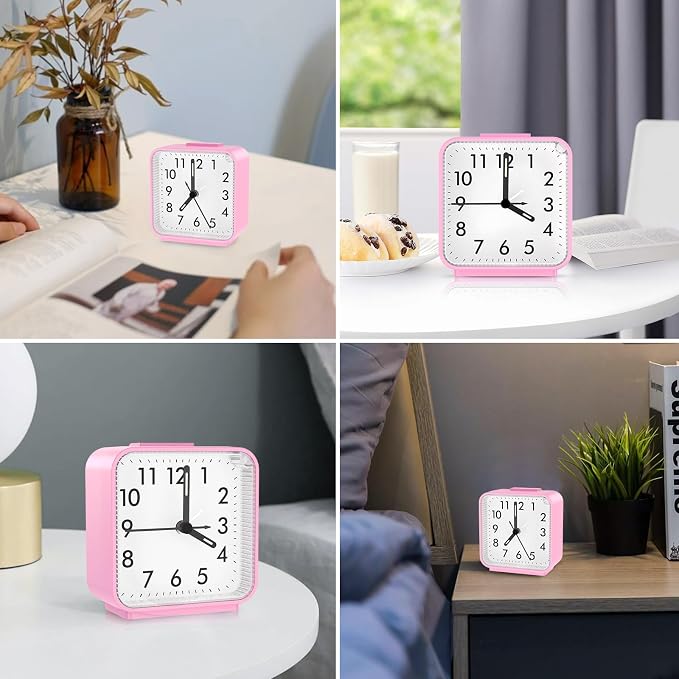 AMIR Silent Analog Alarm Clock, Small Battery Operated Clock with Snooze | Loud Ascending Beep Alarm with Night Light, Non Ticking Desk Clock for Bedroom, Travel, Students