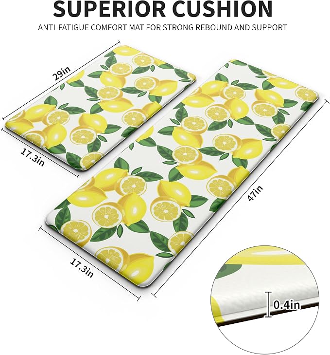 MAYHMYO Lemon Kitchen Decor Mat Set, 2PC Kitchen Mats, Anti Fatigue | Lemon Pattern,Lemon decor,Yellow docor,Cushioned comfort,Non-slip backing,Easy to clean,Water-resistant,Kitchen,Laundry