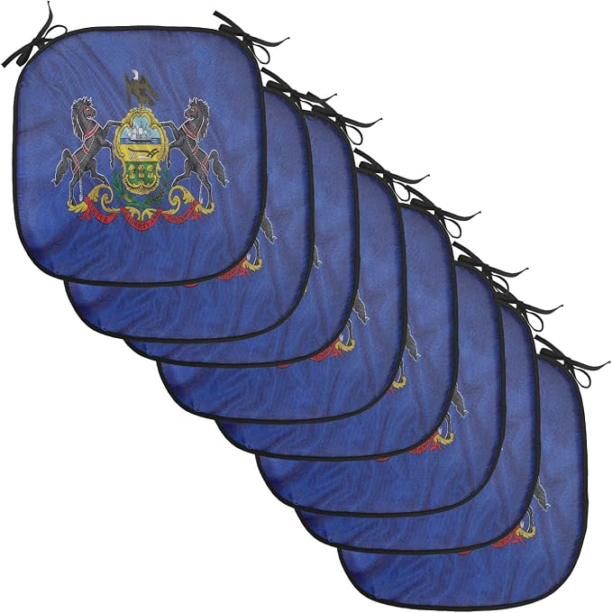 Lunarable American Chair Cushion Pads Set of 8, Pennsylvania Flag Sheaves of Wheat State Coat of Arms Wavy Patriotic, Anti-Slip Seat Padding for Kitchen & Patio, 16"x16", Blue Multicolor