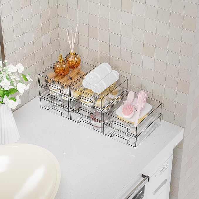 2.2'' Tall Acrylic Clear Stackable Storage Drawer Organizer,8 Pack Desk Organization and Storage,Plastic Office Supply Organizer,Drawer Storage Organizer for Makeup,Accessory,Pen,Art Crafts