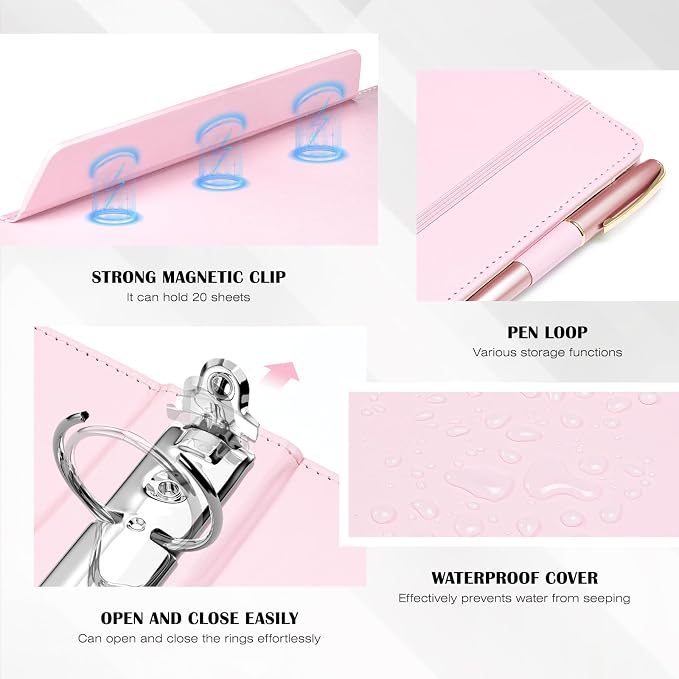 Ospelelf Pink Leather Binder with Magnetic Clipboard, 1 Inch Binders 3 Ring with Storage Zipper Pouch, Pocketed Dividers, Professional Clipboard Folder for School Office Nursing