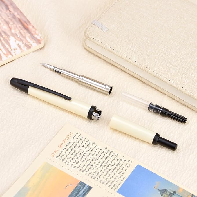 Jinhao 20 Press Fountain Pen, Ivory White Retractable Fine Nib with Ink Converter Set (Black Clip)