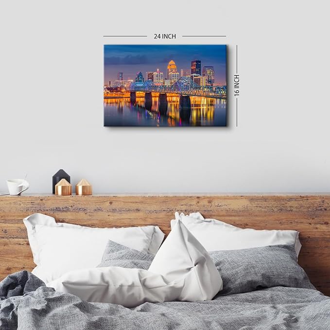 Modern USA Cityscape Canvas Wall Art for Bedroom Downtown Louisville in Kentucky Night Scenery Wall Decor Dining Room 16X24" Colorful Lights Building Skyline Panoramic Artwork Bathroom Home Decoration