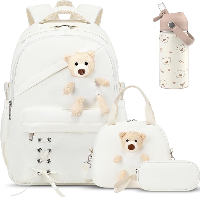 ACESAK Backpack for Girls with Insulated Water Bottle - 4 PCS Cute Girls Backpack with Lunch Box, Pencil Case & Kids Cup Set - 14oz Kids Water Bottle with Straw Set Back to School Supplies (Beige)