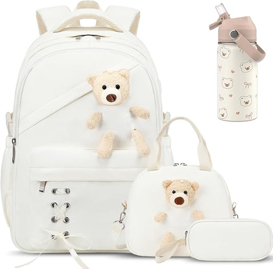 ACESAK Backpack for Girls with Insulated Water Bottle - 4 PCS Cute Girls Backpack with Lunch Box, Pencil Case & Kids Cup Set - 14oz Kids Water Bottle with Straw Set Back to School Supplies (Beige)