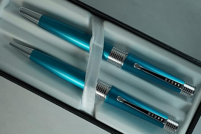 AT CROSS Cross Collection Beverly Pearlescent Teal Lacquer with signature pronounced center Band Selectip Rollerball Pen and Ballpoint Set.A great wedding, birthday, graduation & Christmas gift