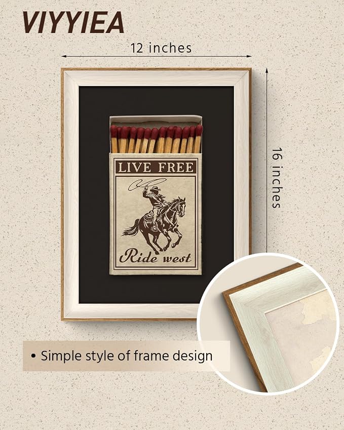 VIYYIEA Vintage Framed Wall Art for Living Room, Retro Matchbox Cowboy Riding Horse Canvas Print, Western Rustic Bathroom Poster, Wall Decor for Bedroom, 16L x 12W