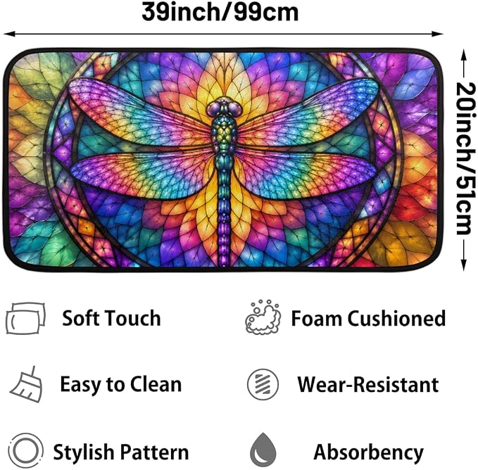 Dragonfly Kitchen Mats Cushioned Anti Fatigue Kitchen Rugs Non-Slip B-1 | Dragonfly Glass Painting Non-Slip Standing Desk Mat, Absorbent Kitchen Rug for Floor, Kitchen, Office, Sink, 20"×39"