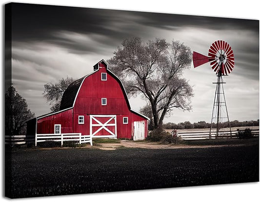 Country Barn Picture Wall Decor Rural Red Windmills Canvas Wall Art for Living Room Kitchen Retro Farmhouse Black and White Landscape Painting Rustic Western Posters Cabin Home Decorations 32x48"
