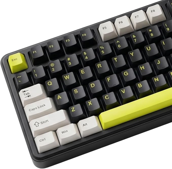 130 Keys Black Grey Yellow PBT Keycaps, Double Shot Cherry Profile Keycap Set, Custom Mechanical Keyboard Keycaps for 60% 65% 75% 87% 100% ANSI Layout，Cherry Mx Switches