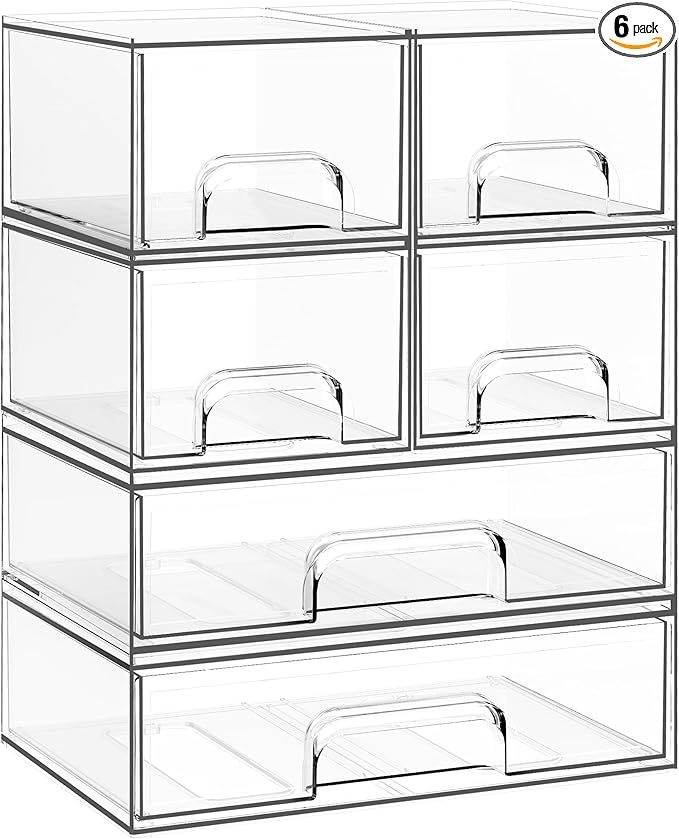 Stackable Storage Drawers, 6 Pack Clear Plastic Makeup & Bathroom Organizer, Versatile Storage Bins for Vanity, Under Sink, Kitchen Cabinets & Pantry