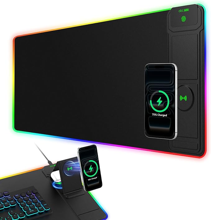 XL RGB Gaming Mousepad, 25 Lighting Effects, 15W Fast Charging, Phone Stand | 31.5"x11.8" Extended Keyboard Mat Pad with Stitched Edges, Ultra-Smooth Waterproof Surface, Non-Slip Base