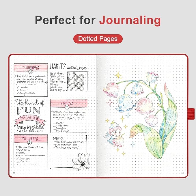 AHGXG Dotted Journal Notebook, 160 Numbered Pages, A5 Medium Size (5.7'' x 8.3''), 120 GSM Thick Paper, Leather Hardcover, for Journaling, Planning, Tracking (Red)