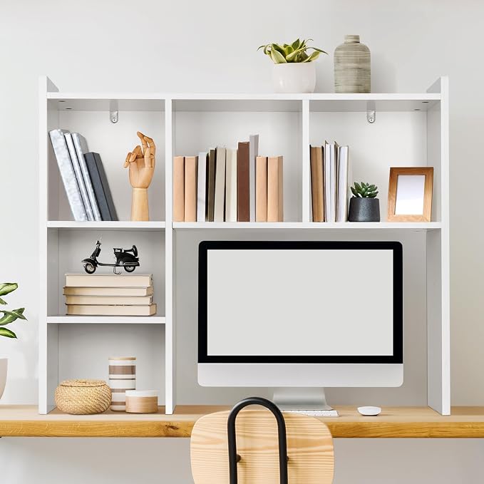 OOOK 35.5" L Dorm Desk Hutch White, Desktop Bookshelf with 5 Shelves | Multipurpose Desk Organizer for Dorm Office Home, 3-Tier Wooden Display Rack for Computer Desk