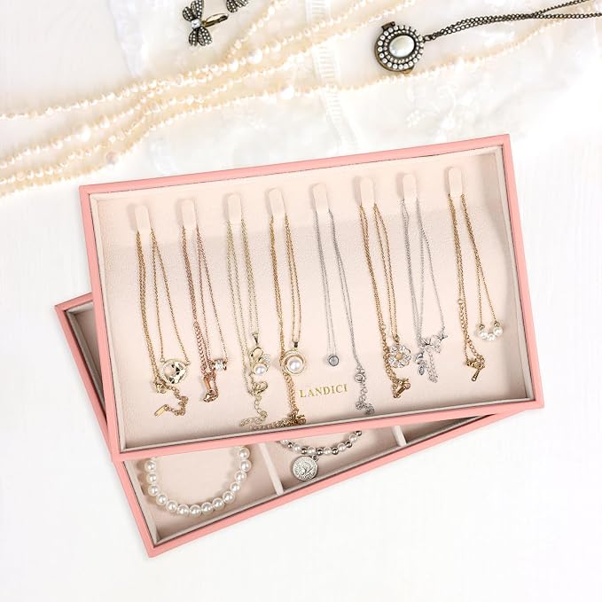 LANDICI Stackable Jewelry Organizer Trays 4 Set,PU Leather Jewelry Organizer Drawer,Jewelry Storage Display Tray for Earring Necklace Rings Bracelet with Removable Dividers,Pink