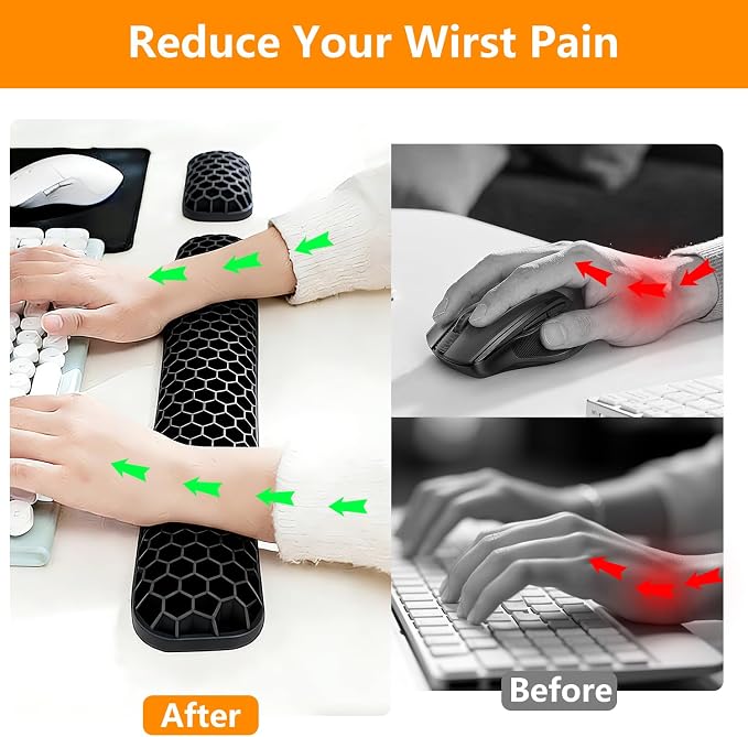 Ergonomic Keyboard and Mouse Wrist Rest Set, Silicone Honeycomb Design, Black, 17.7 x 2.8 x 1 Inches, Non-Deformable Support for Office Gaming Typing (Black)