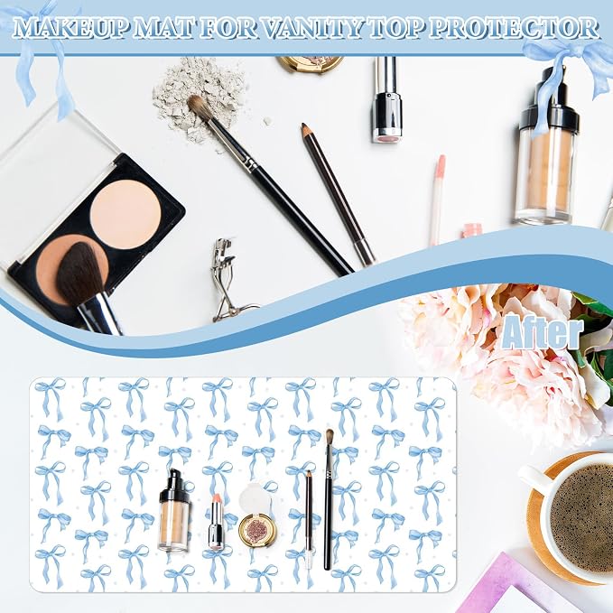 Teenyyou Coquette Bow Makeup Mat for Vanity Top Protector Back to School Gift 23.6" X11.8" Dual Side Leather Desk Mouse Pad Girly Waterproof Nonstick Dressing Vanity Cover for Women Home Office