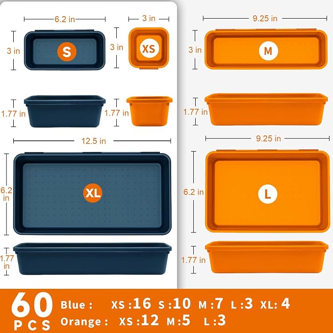 Tool Box Organizer Tray, 60 PCS & 5 Sizes, Blue and Orange | Upgraded Tool Drawer Organizer, Scratch-Resistant Plastic, Interlocking Design, Toolbox Organization for Rolling Tool Chest