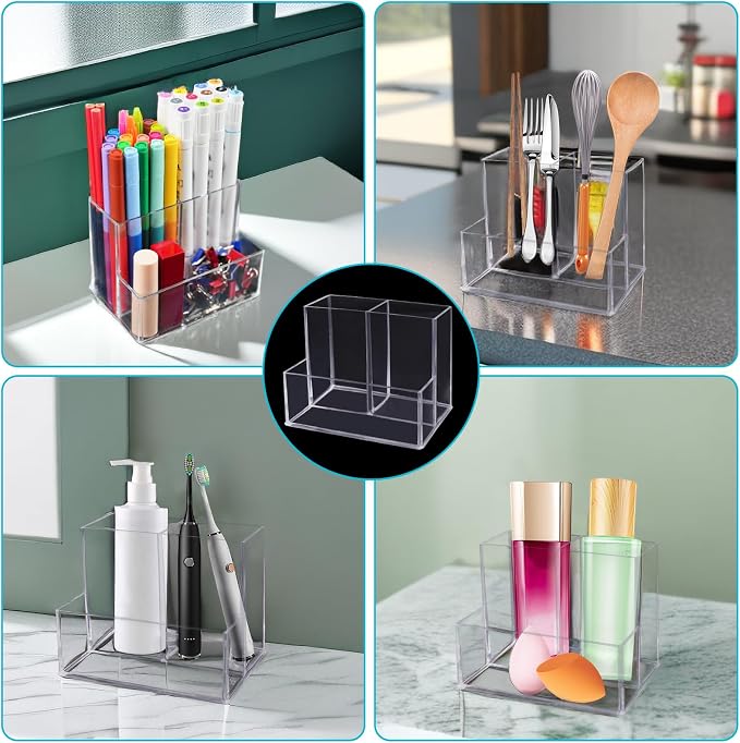 HSYMQ Desktop Clear Pen Holder with 3 Compartments, Acrylic Pencil Holders, Desk Organizers and Accessories