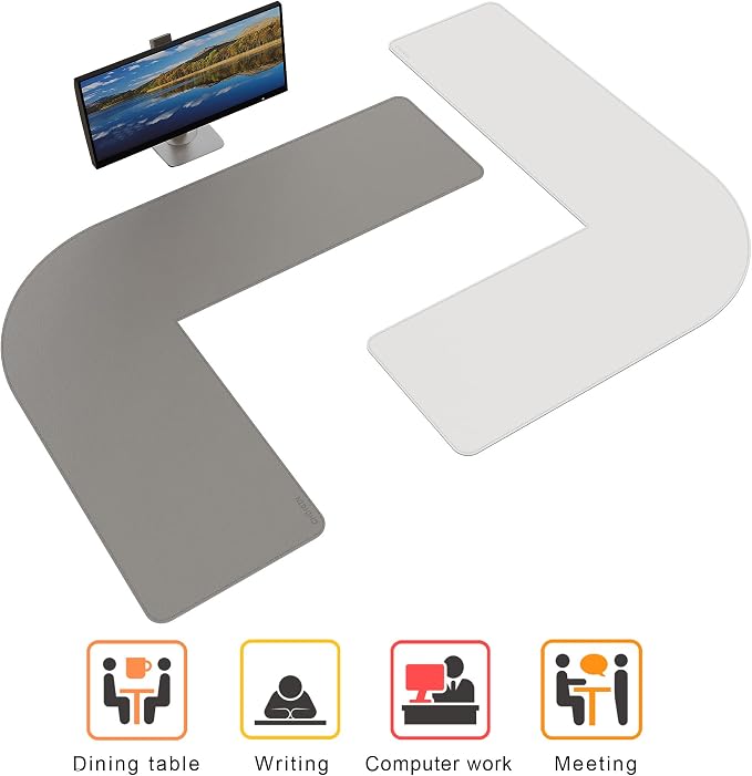 Chihein 53.2” x 65” x 19.7” L Shaped Leather Desk Mat - Big Gaming Corner Desk Pad, Non-Slip Waterproof Surface, Easy to Clean, Perfect for Office, Home (Gray/White)