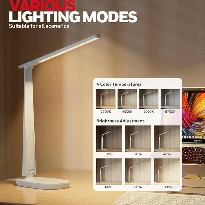 Honeywell HWT-H2 LED Desk Lamp for Home Office, CRI94 Full Spectrum Eye-Caring Light, Dimmable Table Lamp with USB-A & USB-C Charging Ports, Foldable Touch Control Reading Lamp, White
