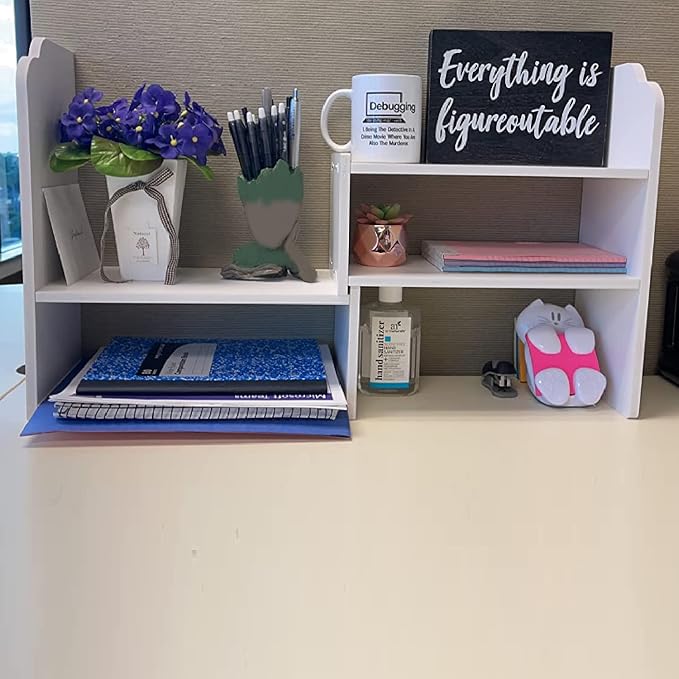 YGYQZ Adjustable Desktop Shelf Organizer, 3-Tier Expandable Desk Shelf, White