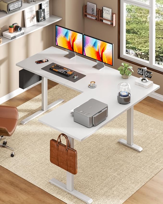 Korfile 63" L Shaped Standing Desk Height Adjustable Memory Presets White | Reversible Corner Desk, Ergonomic Sit to Stand, for Home Office, Work and Study, Weight Capacity 180lbs