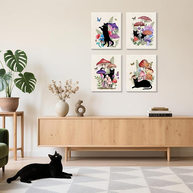 CHDITB Black Cat Canvas Wall Art, Vintage mushroom and cat Wall Decor, Nature Artwork Fantasy Fungus Feline Poster Retro Aesthetic Art Prints For Cats Lover Living Room Bedroom Decor (8X10 Inch)
