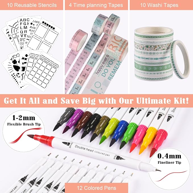 Bullet Dotted Journal Kit, 140gsm No Bleed A5 Dotted Bullet Grid Journal Set with 188 Pages, 10 Stencils, 14 Washi Tape, 12 Brush Pens Dual Tip, Journaling Supplies for Diary Schedule Planner, Pink