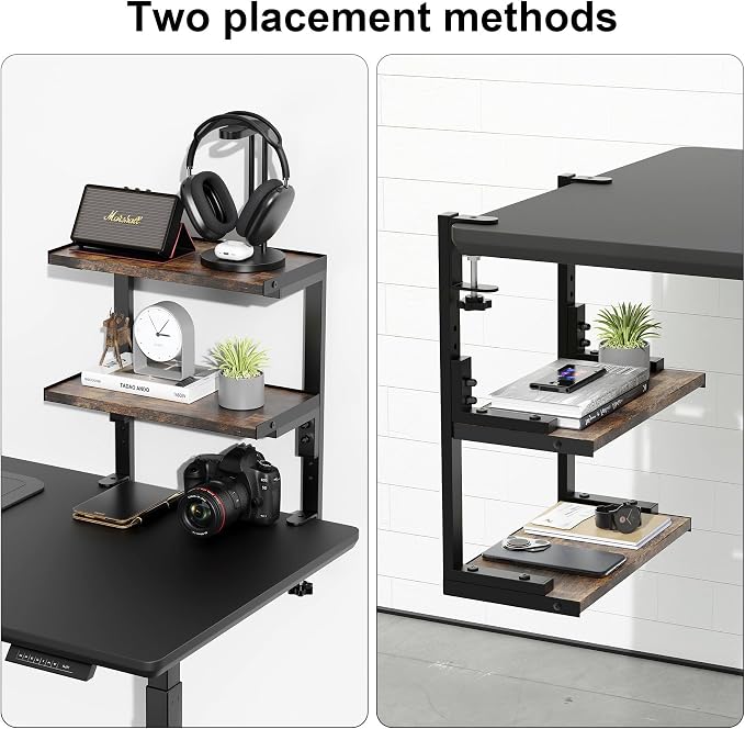Spacrea clamp on Desk Shelf, 2 Tier Office Desk Shelves Organizer, Wood Desktop Supplies Storage Rack, Desk Organizers and Accessories (Wood)