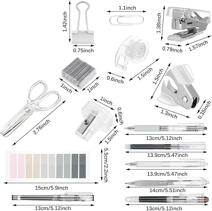 Colarr Mini Office Supply Kit Include Stapler Tape Dispenser Staple Remover Paper Clip Scissor Staple Pen Sharpener Note Small Telescopic Knife for Office Back to School Supplies Student Clerk(Clear)