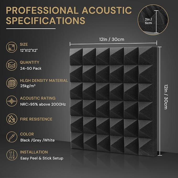 Focusound Acoustic Panels 50 Pack 2"x12"x12" with 300 PCS Double-Side Adhesive - Sound Proof Pyramid Foam for Walls, Home Studio Noise Absorption & Echo Control Kit