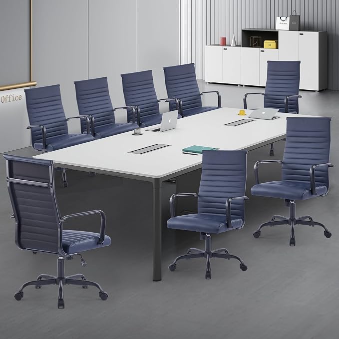 Office Chair, Ergonomic Executive Conference Room Chairs, Ribbed Leather Desk Chair with Lumbar Support, Adjustable Height Mid-Back Swivel Chair with Padded Seat