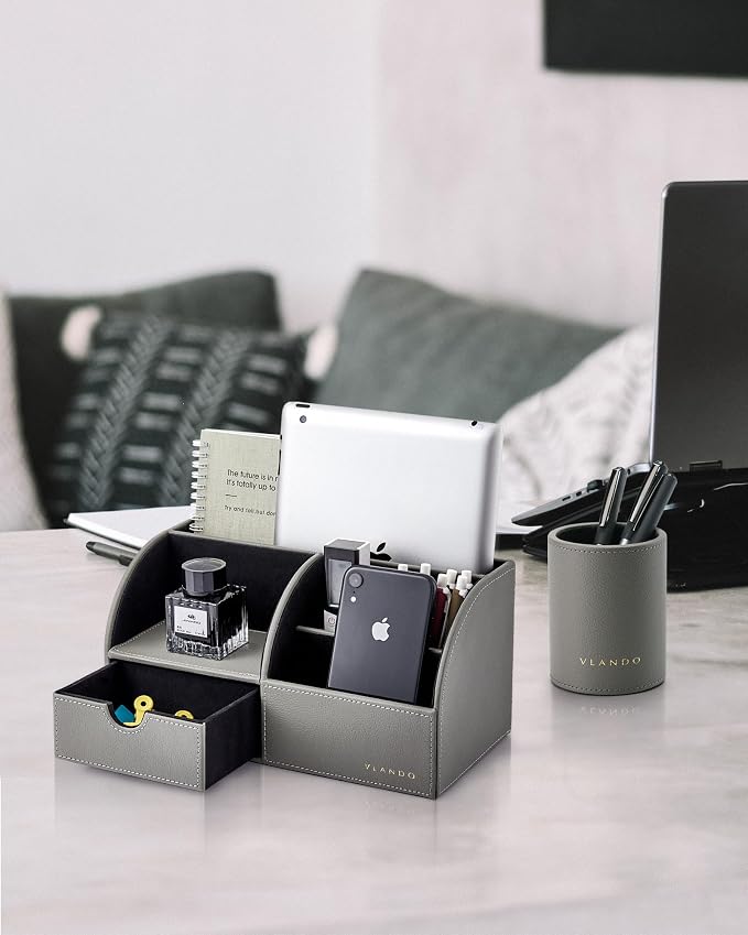 VLANDO 2 Pcs PU Leather Desk Caddy Set with Drawer,Pen Holder | Desk Organizer Set for Home Office,Nightstand Organizer，Office Supplies,Gifts for Men,Gray