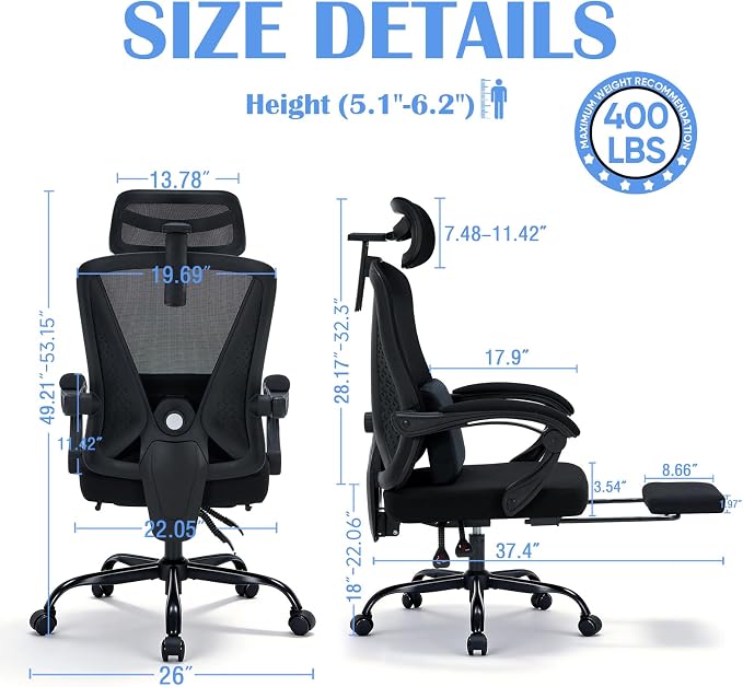 Ergonomic Office Chair with Footrest - Adjustable Lumbar Support & 3D Headrest, 90-160° Reclining Mesh High-Back Rolling Work Swivel Computer Chair-400lbs Capacity