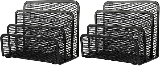 VANRA 2 Small Letter Sorters Desktop Envelopes Holder Organizer Metal Mesh | 2 Pack Desk Letter Organizer 4 Compartments Bills Holder Paper Sorter Letter Tray for Office School Storage (Black)