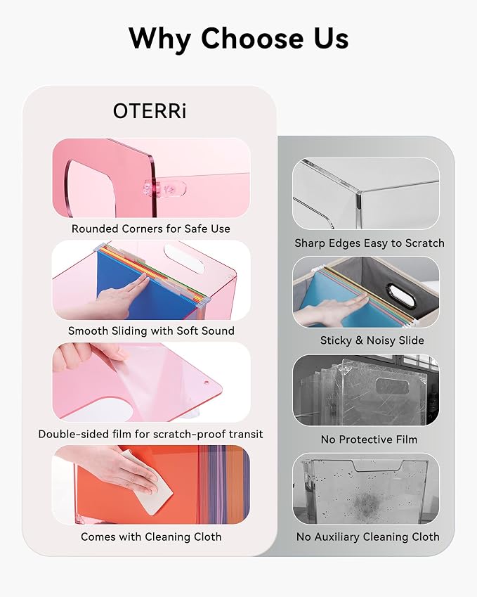Oterri Large Pink Acrylic File Organizer with Handle, Desktop Box | 3mm Acrylic, Stain-Resistant, With Handle, Holds Letter & Legal Docs, Includes Hardware, Office, Home, Classroom, Countertop.