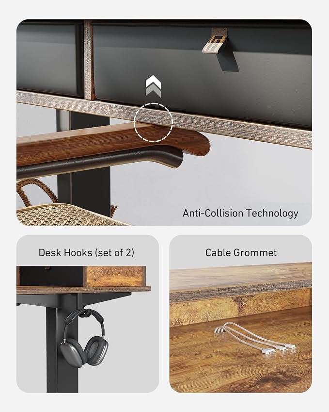 CubiCubi 60" x 30" Standing Desk with Drawers, Height Adjustable Electric Workstation, Computer Sit Stand Up Table with Large Storage Shelf 4 Drawers and 2 Hooks, Rustic Brown